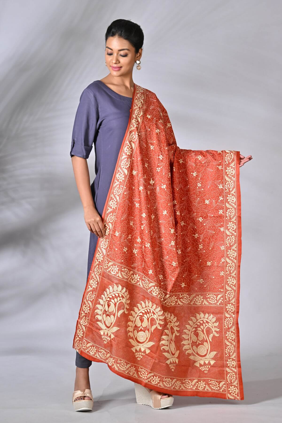 D101-1.jpg Red Floral Pure Silk Kantha Dupatta - Image 1