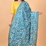 Blue Floral Pure Tussar Kantha Dupatta