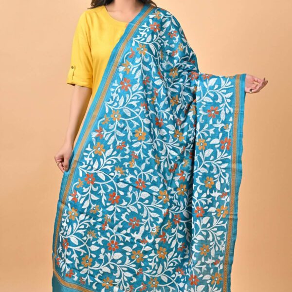 Blue Floral Pure Tussar Kantha Dupatta