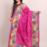 Pink Hand Painted Floral Pure Tussar Kantha Dupatta