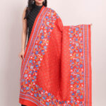 Orange Floral Pure Silk Kantha Dupatta