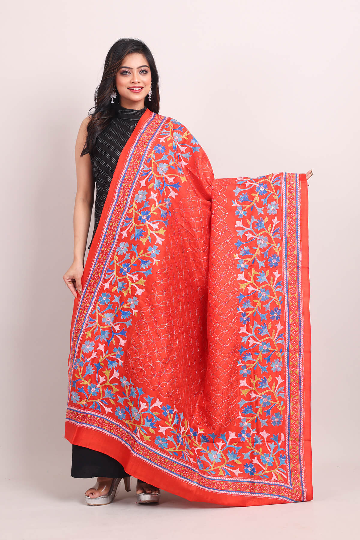 D18-1-2.jpg Orange Floral Pure Silk Kantha Dupatta - Image 1