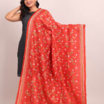 Orange Floral Pure Silk Kantha Dupatta