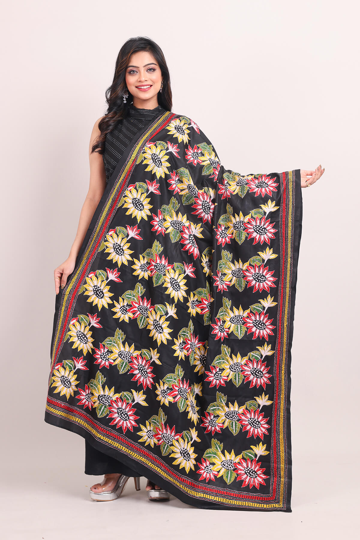 D21-1-1.jpg Black Sunflower Pure Silk Kantha Dupatta - Image 1