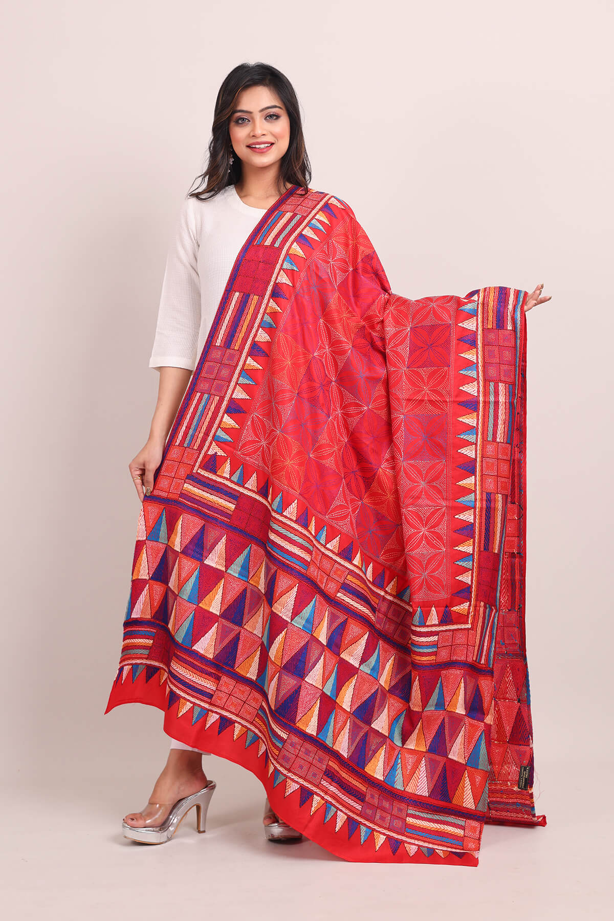 D24-1-3.jpg Red Geometrical Pure Silk Kantha Dupatta - Image 1