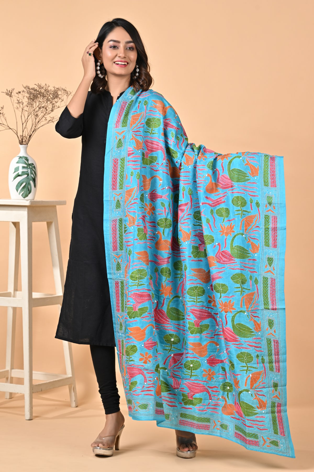 D55-1.jpg Sky Blue Bird Pure Silk Kantha Dupatta - Image 1