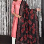 Black with Red Lotus Kantha Bangalore Silk Dupatta