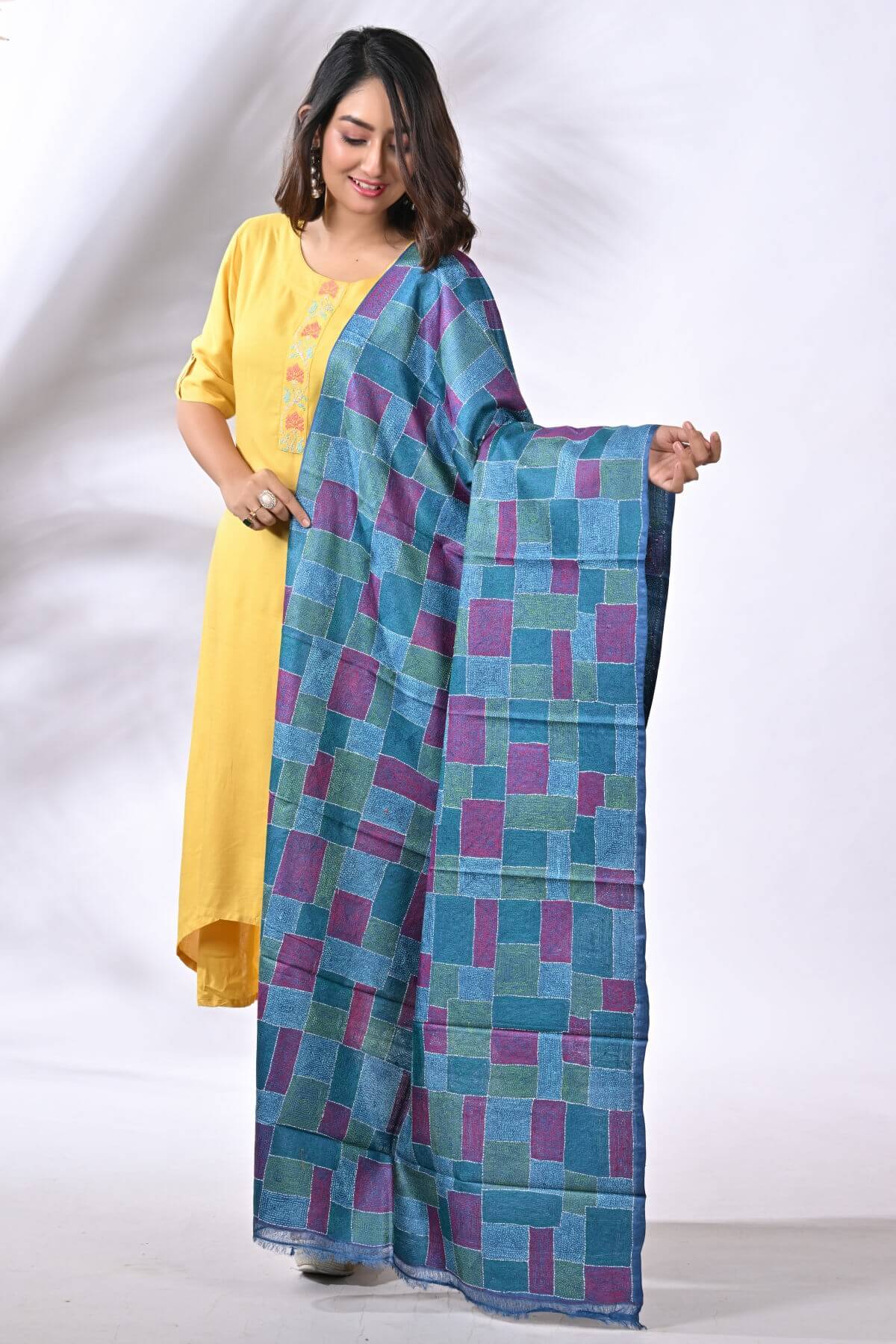 D61-1-1.jpg Blue Geometrical Pure Tussar Kantha Dupatta - Image 1