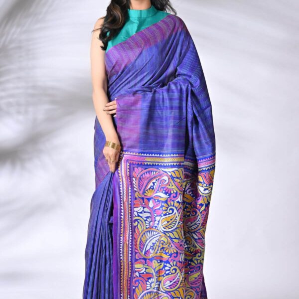 Blue Floral Motifs Pure Silk Kantha Saree
