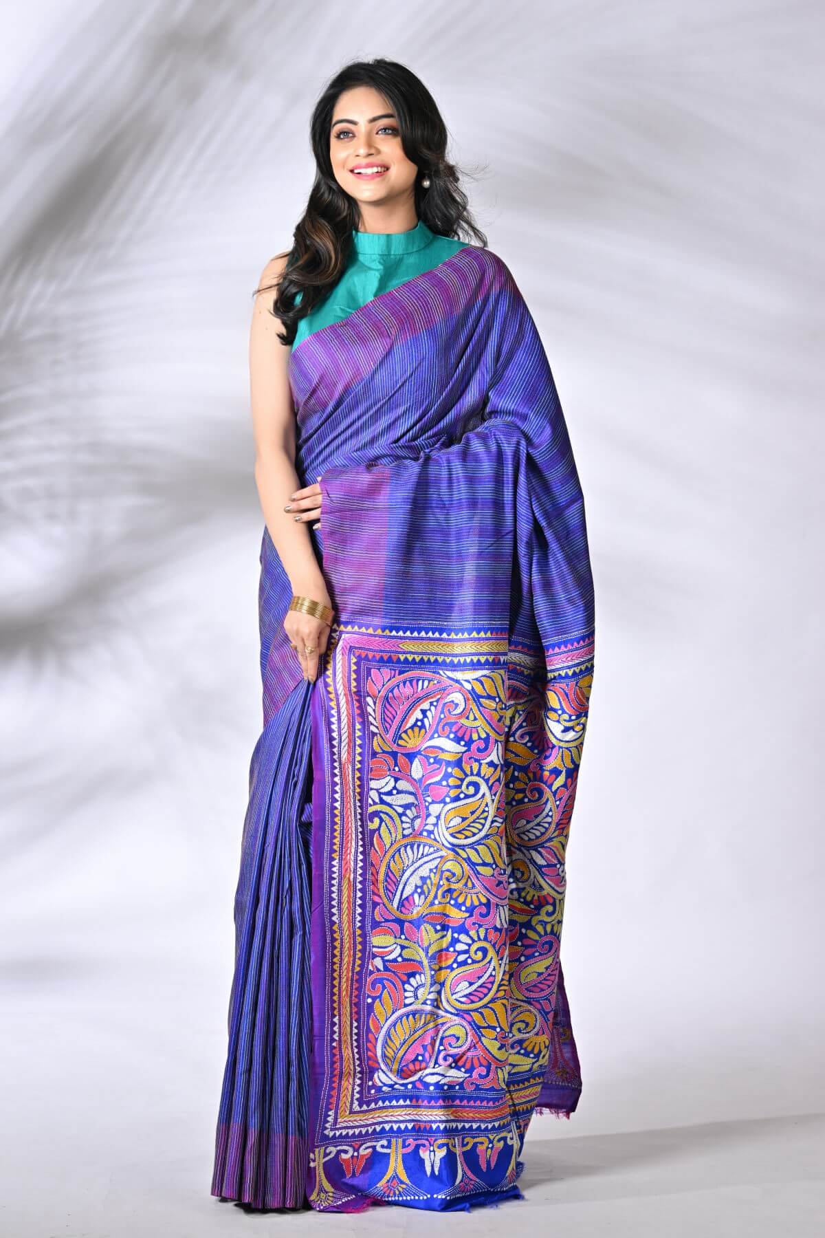 S102-1.jpg Blue Floral Motifs Pure Silk Kantha Saree - Image 1