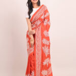 Rust Lotus Pure Silk Kantha Saree