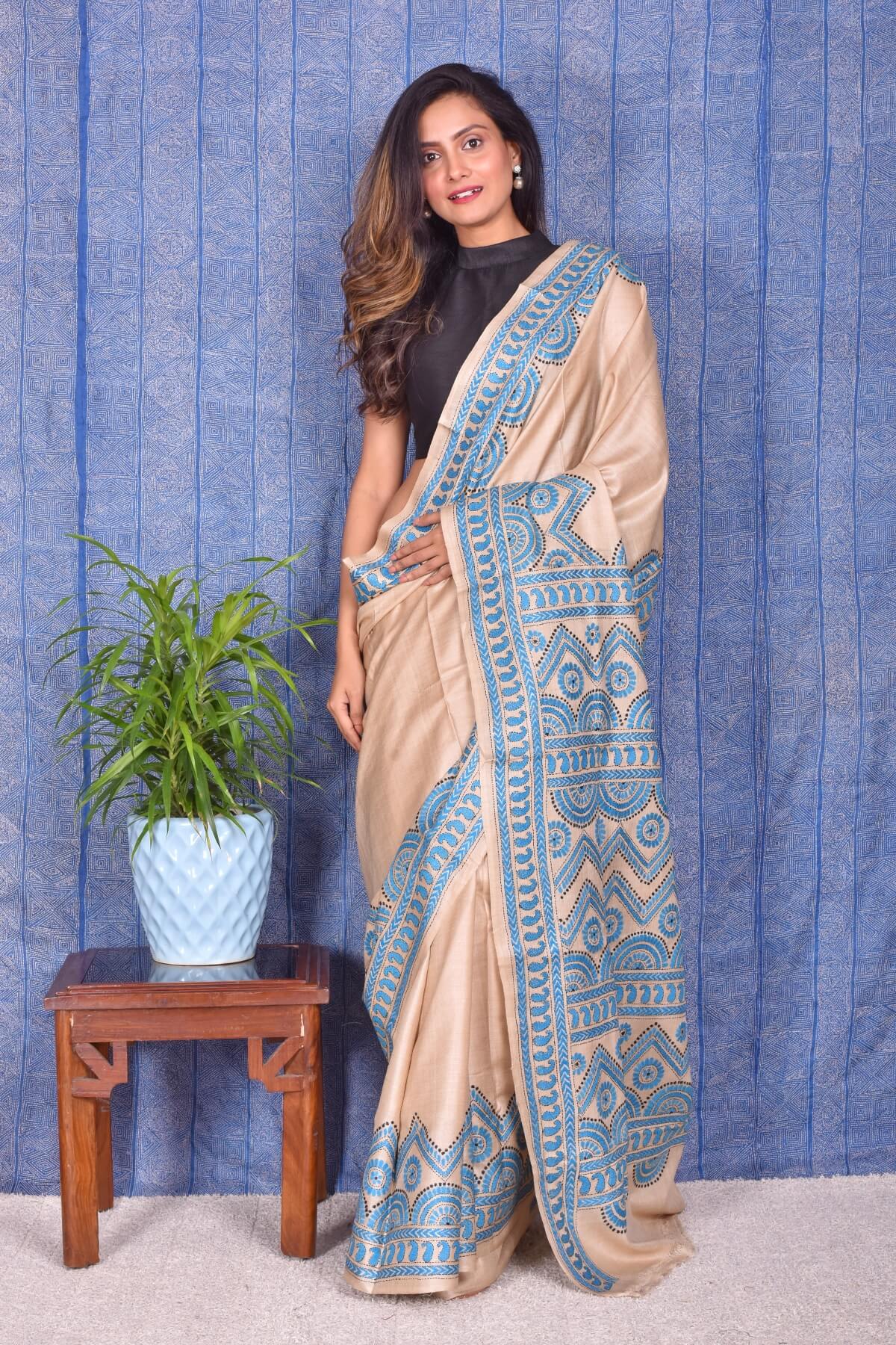 S14_1.jpg Off white Kantha Traditional Pure Tussar Saree - Image 1
