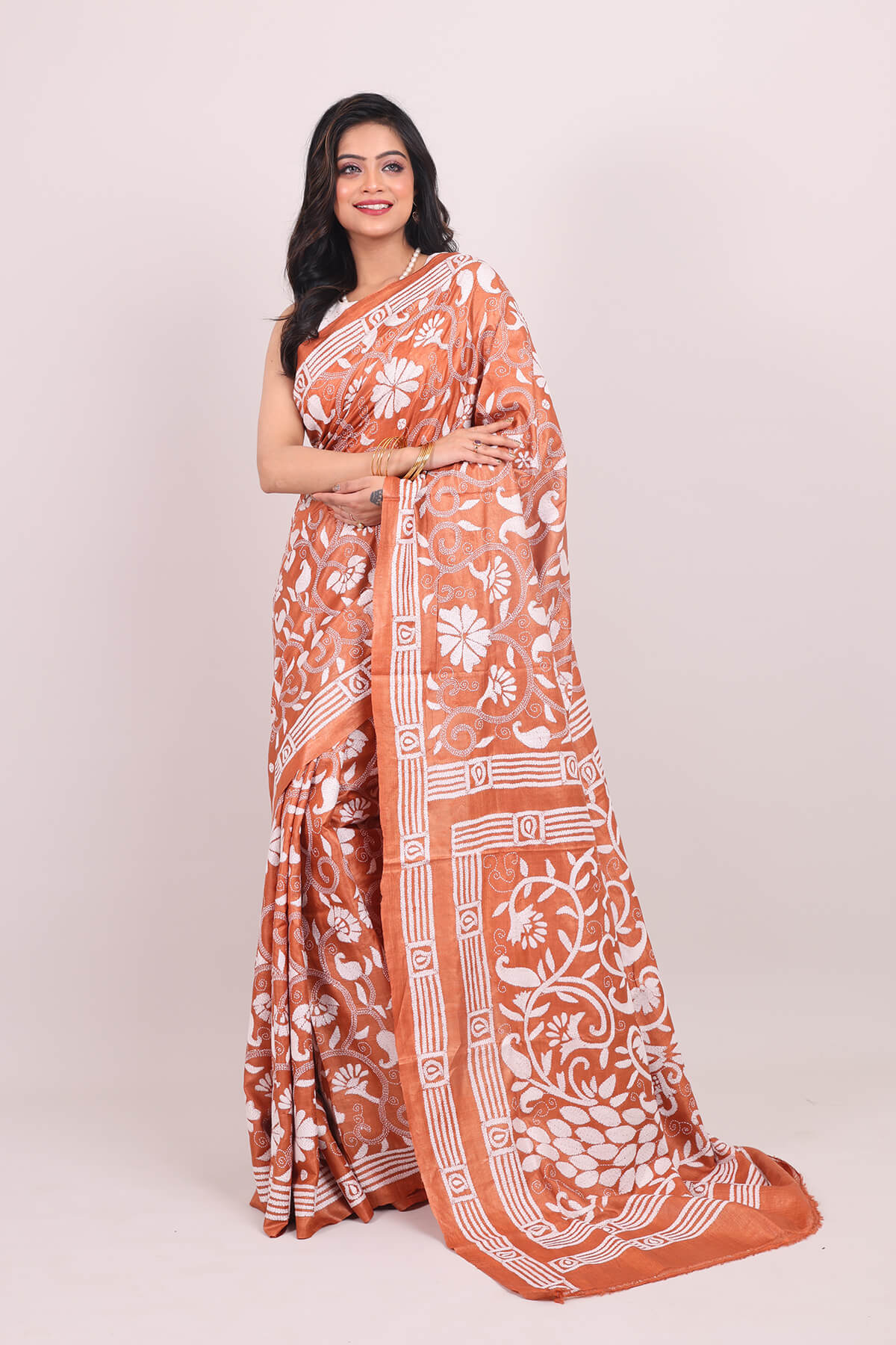 S2-1-3.jpg Brown Peacock Pure Tussar Kantha Saree - Image 1