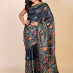 Black Kantha Birds Pure Tussar Saree