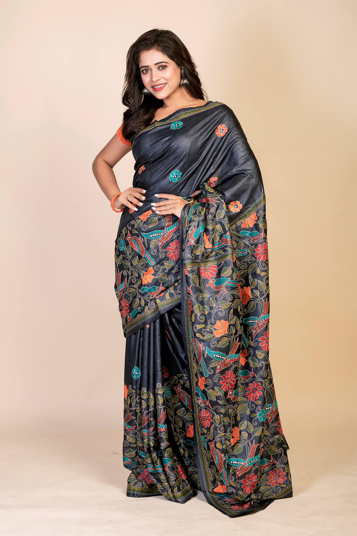 S22-1-1.jpg Black Kantha Birds Pure Tussar Saree - Image 1