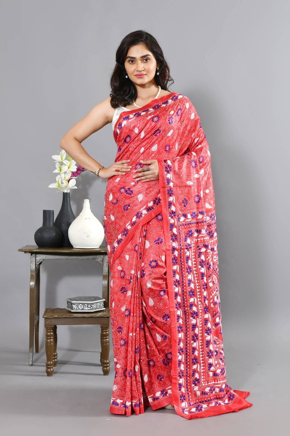 S26-1-2.jpg Red Kantha All Over Jaal Pure Tussar Saree - Image 1