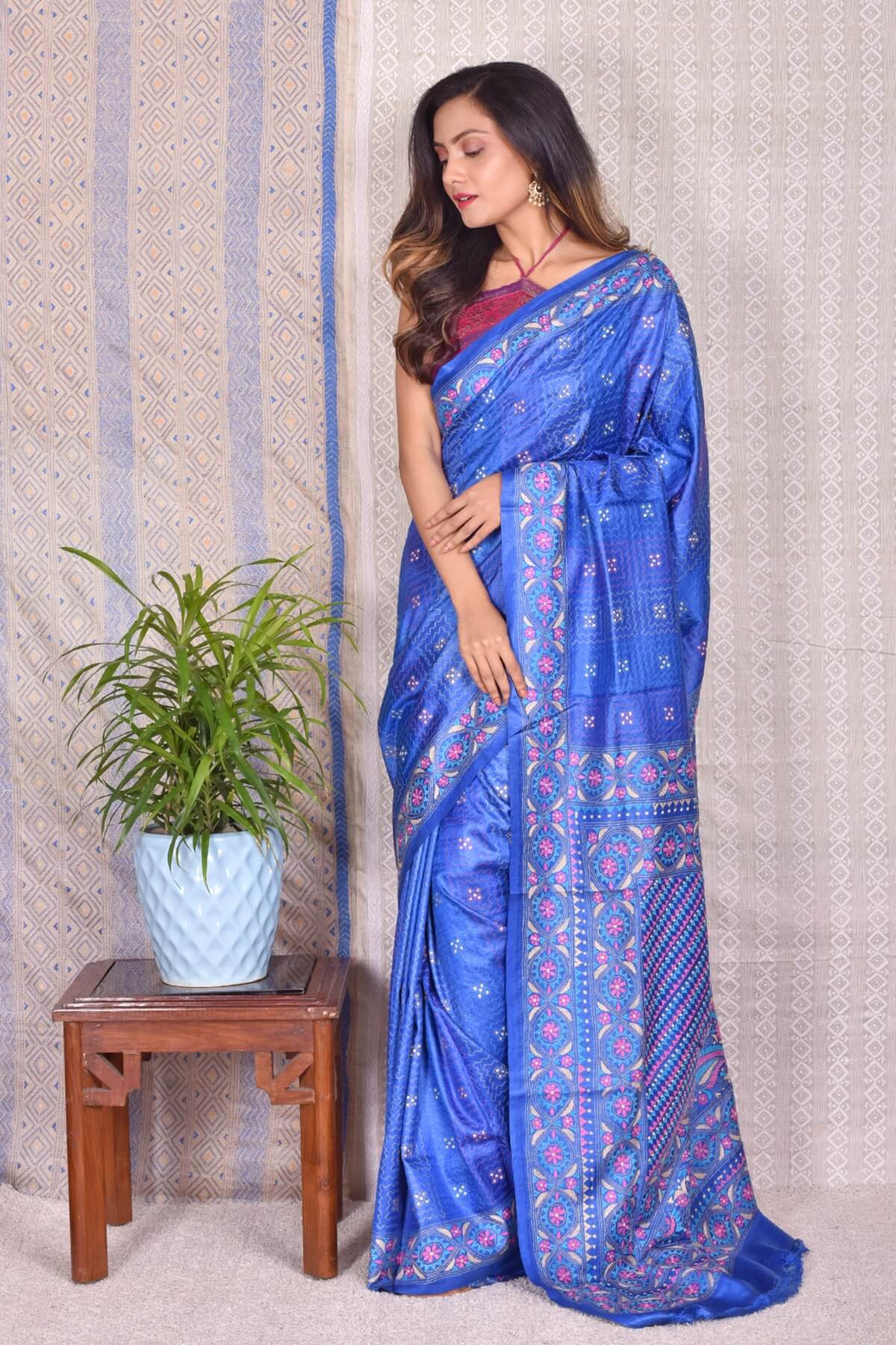 S32_3.jpg Blue Kantha Traditional Pure Tussar Saree - Image 1