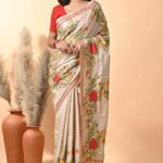Off White Rose Pure Tussar Kantha Saree