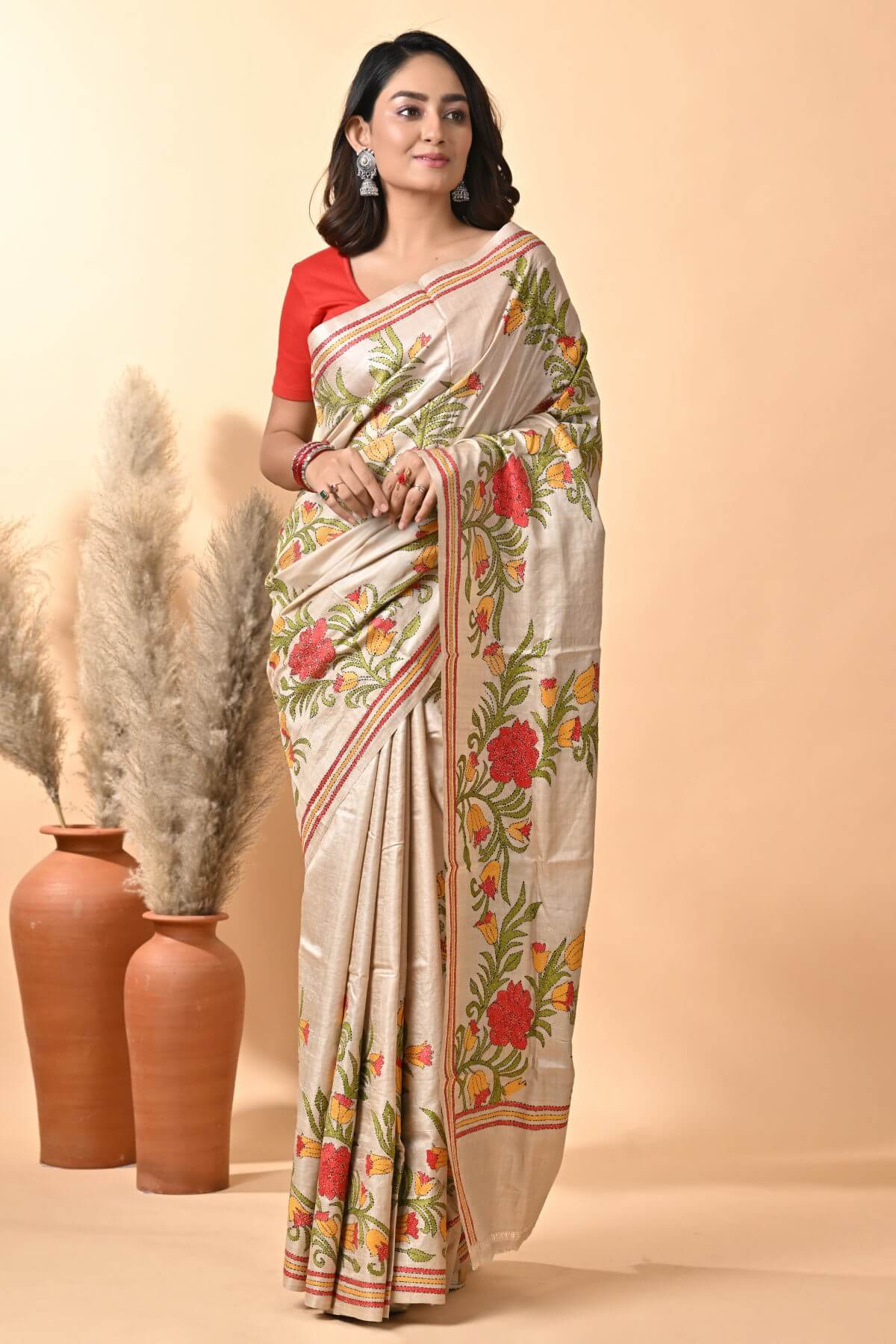 S45-1-1.jpg Off White Rose Pure Tussar Kantha Saree - Image 1