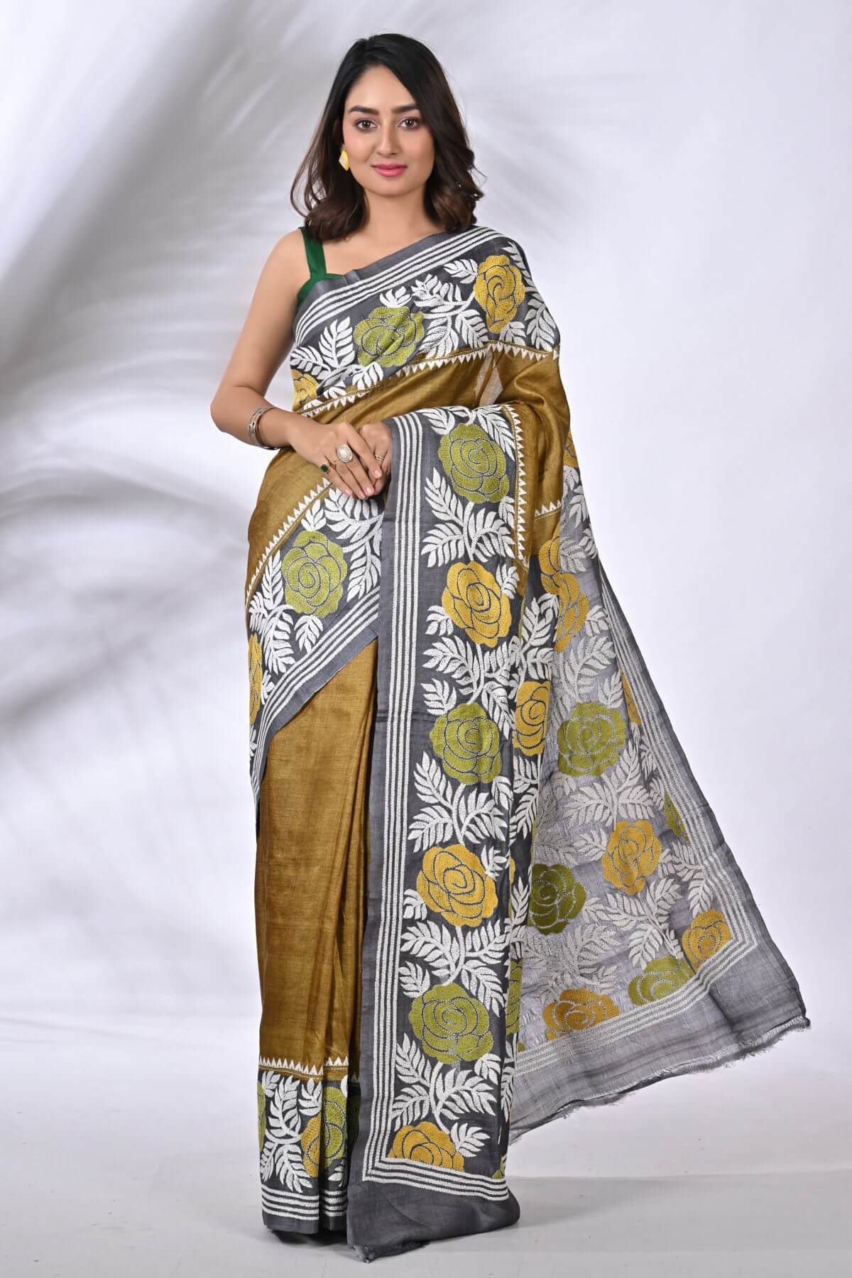 S57-1.jpg Mehendi and Black Rose Pure Gachi Tussar Kantha Saree - Image 1
