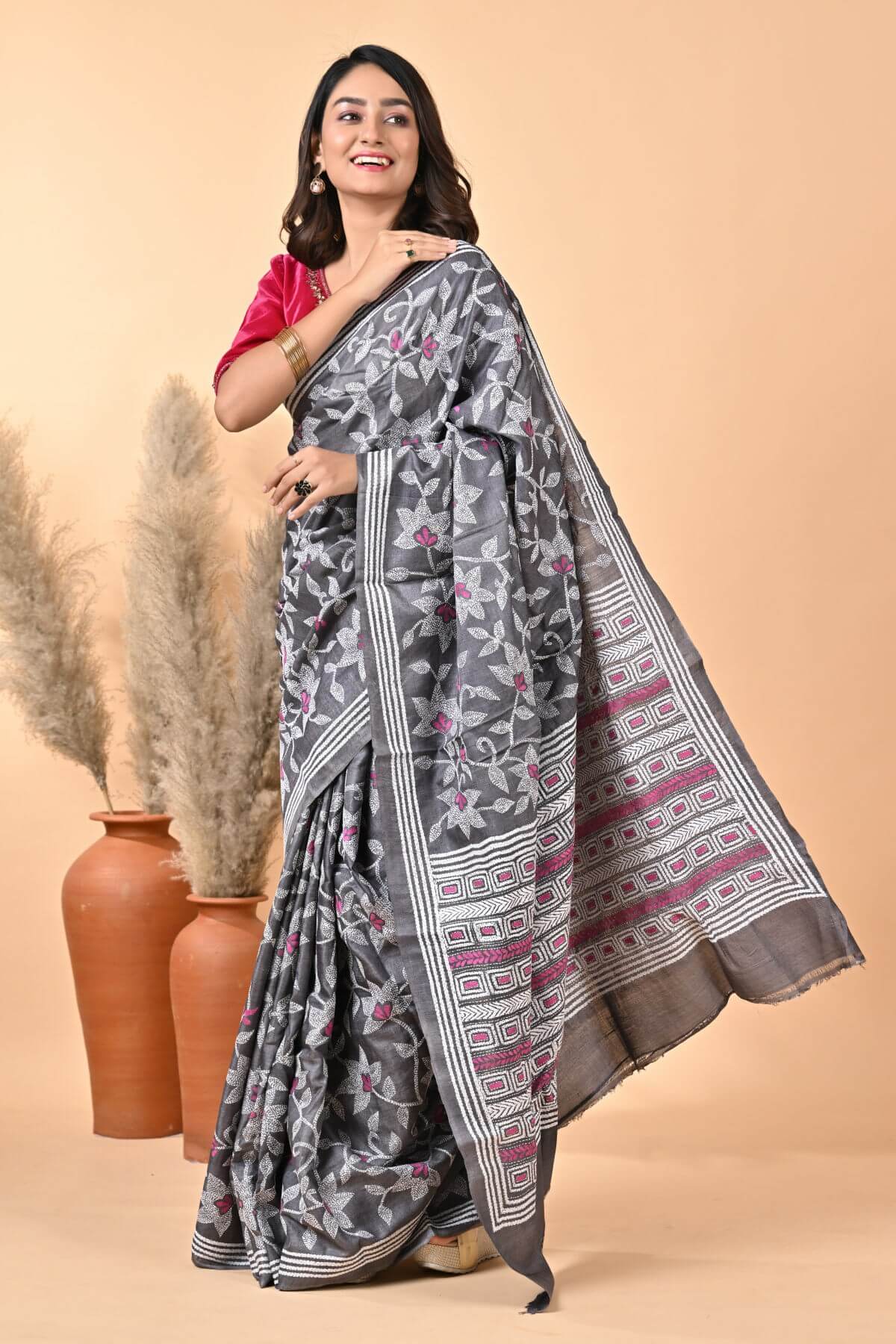 S61-1.jpg Black Floral Pure Gachi Tussar Kantha Saree - Image 1