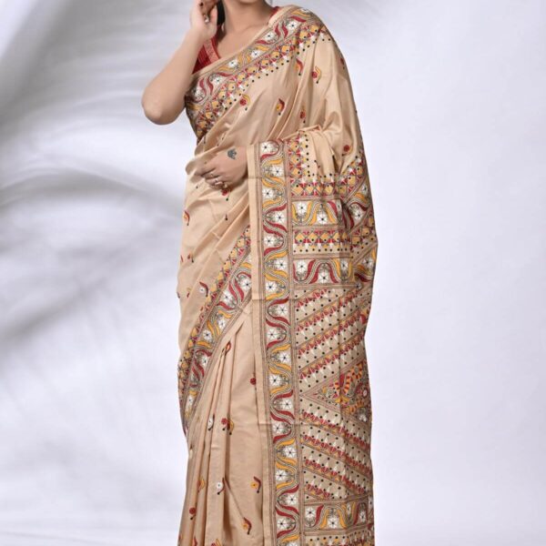 Beige Traditional Pure Gachi Tussar Kantha Saree