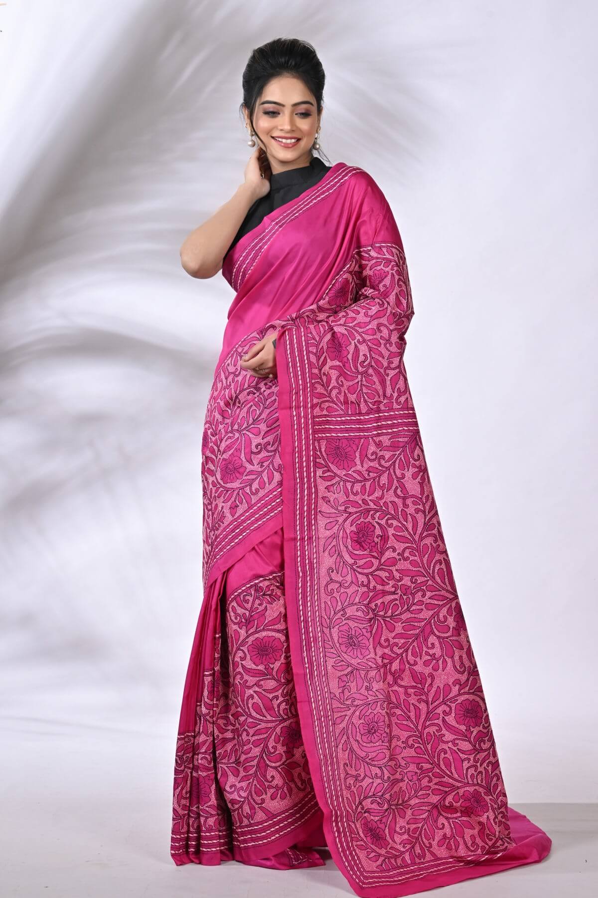S84-1.jpg Pink Reverse Floral Pure Silk Kantha Saree - Image 1