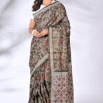 Coffee Brown Floral Pure Tussar Kantha Saree