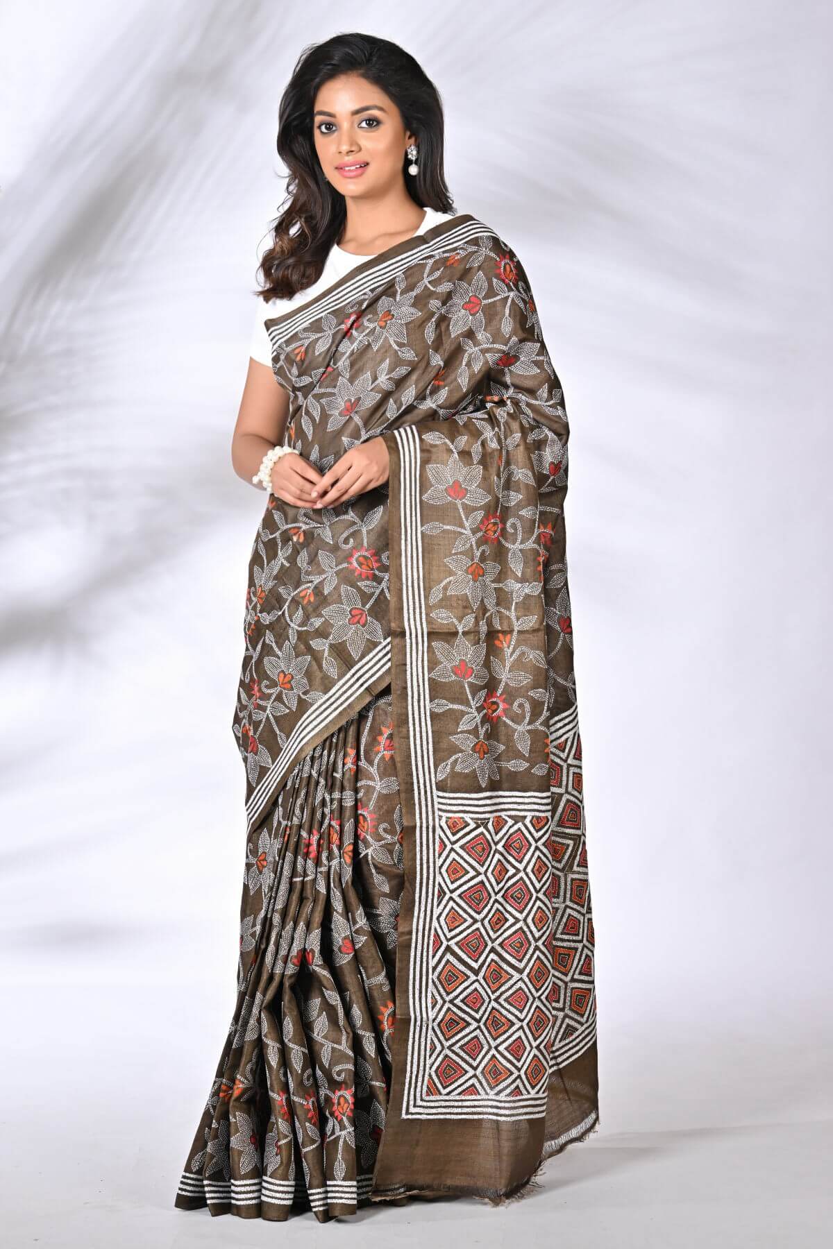 S98-1-1.jpg Coffee Brown Floral Pure Tussar Kantha Saree - Image 1
