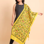 Yellow Floral Pure Tussar Kantha Stole