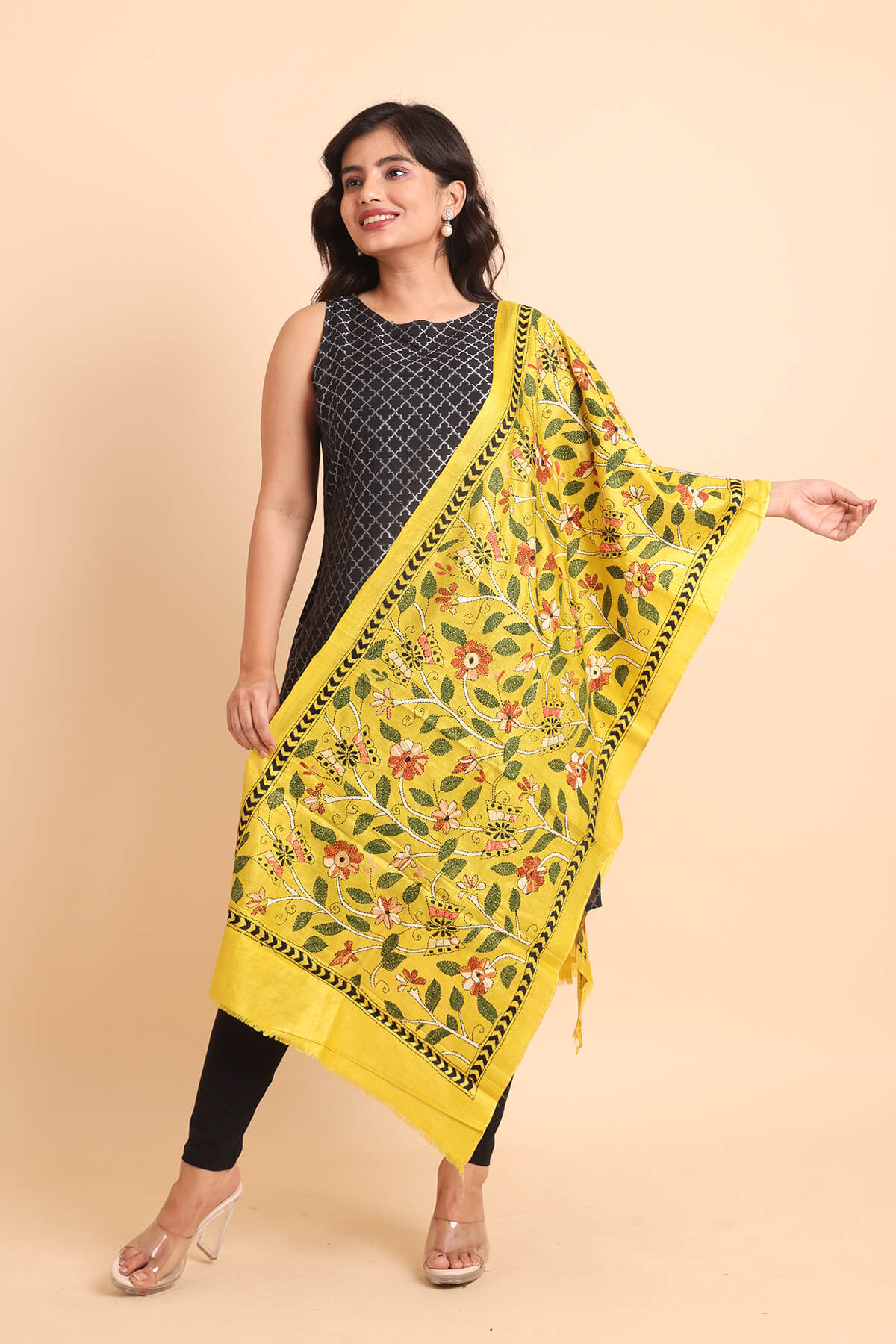 ST13-1.jpg Yellow Floral Pure Tussar Kantha Stole - Image 1