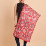Red Floral Pure Tussar Kantha Stole