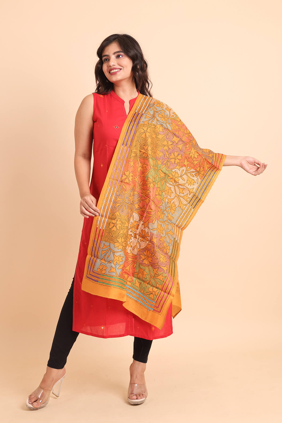ST2-1.jpg Yellow Floral Pure Silk Reverse Kantha Stole - Image 1