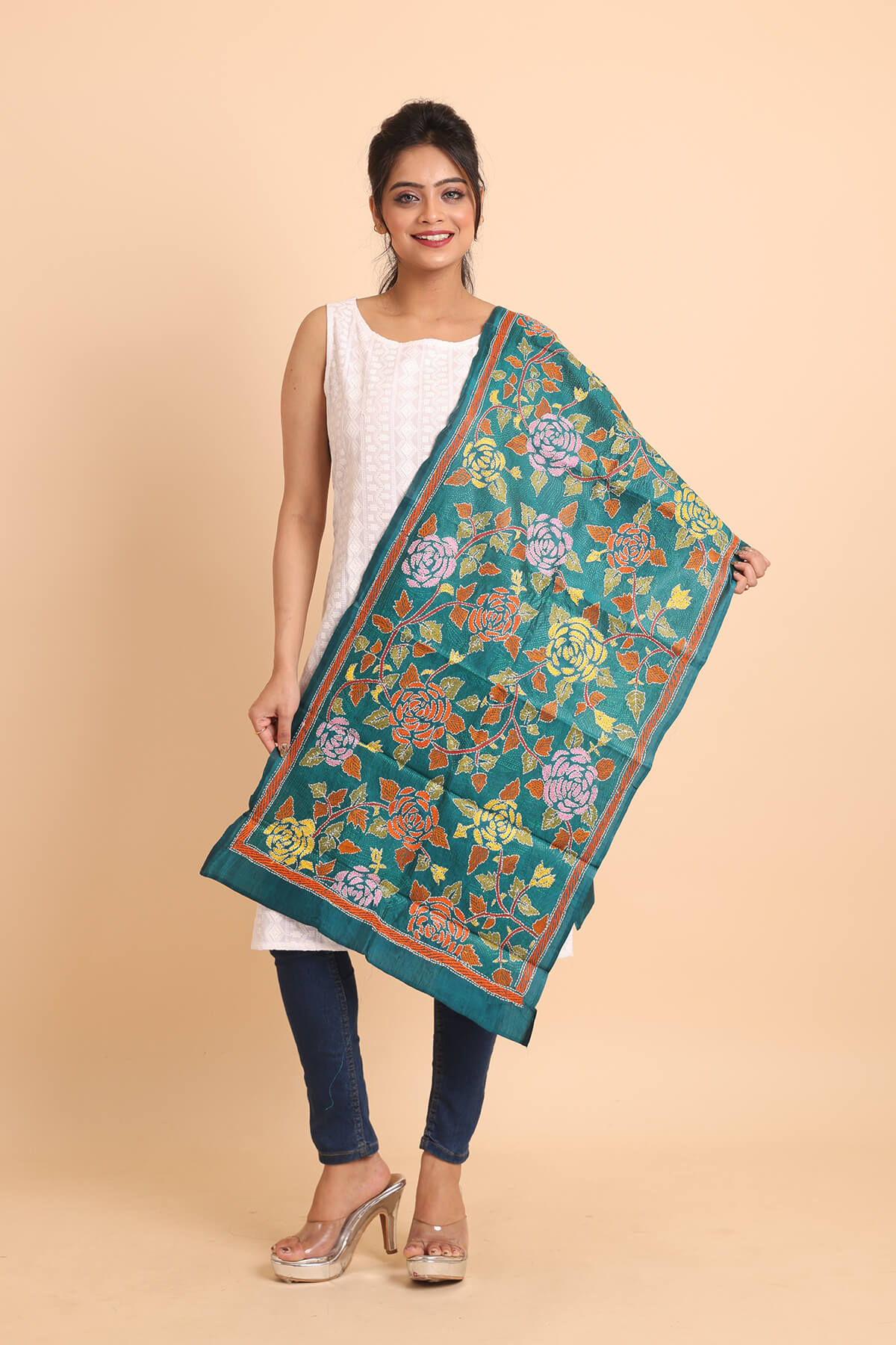 ST24-1.jpg Green Floral Pure Silk Kantha Stole - Image 1