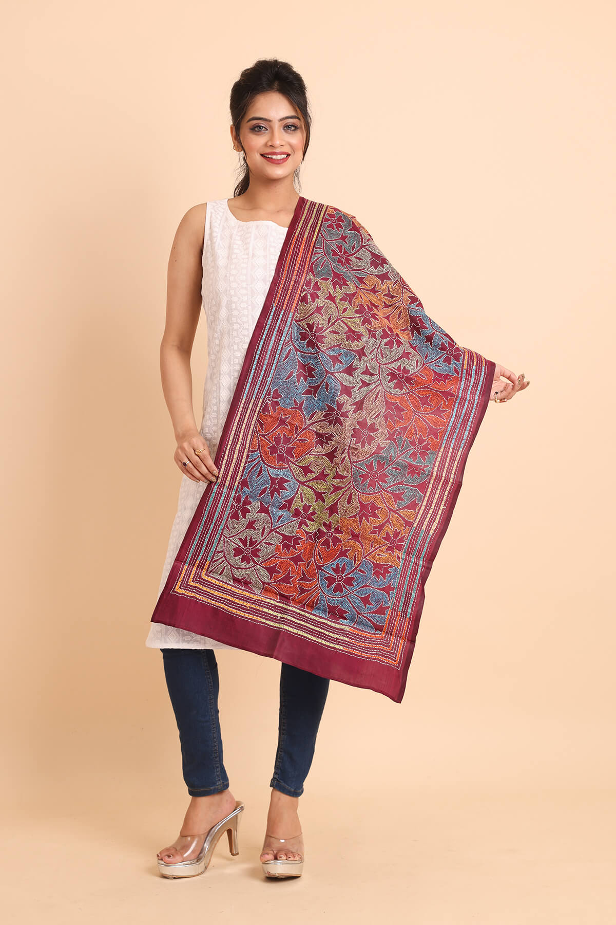 ST3-1.jpg Maroon Floral Pure Silk Reverse Kantha Stole - Image 1