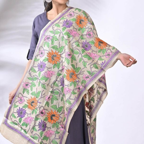 Off White Floral Pure Tussar Kantha Stole