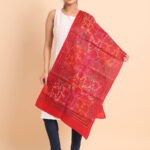 Red Floral Pure Silk Reverse Kantha Stole