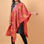 Red Floral Pure Tussar Kantha Stole