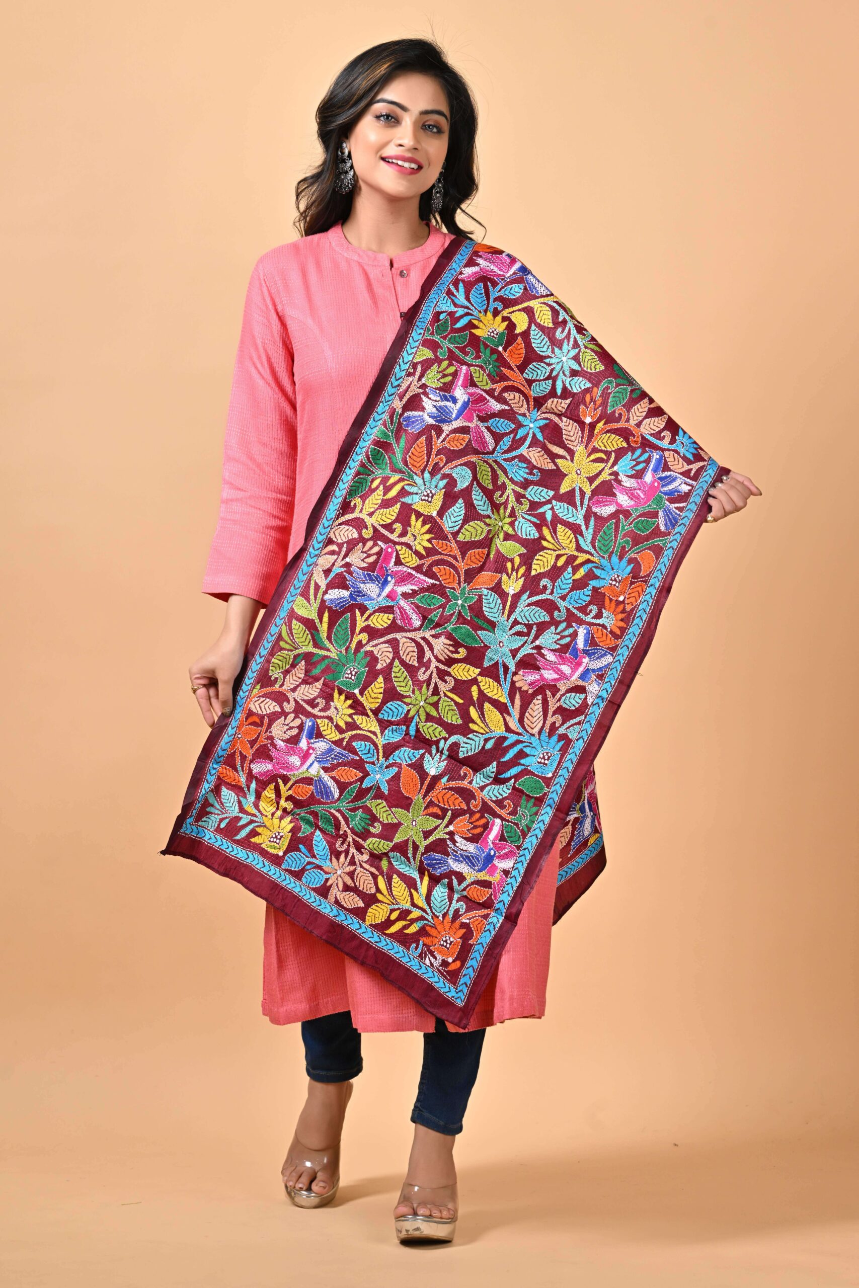 ST59-1-scaled-1.jpg Maroon Birds Pure Silk Kantha Stole - Image 1
