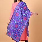 Blue Floral Pure Tussar Kantha Stole