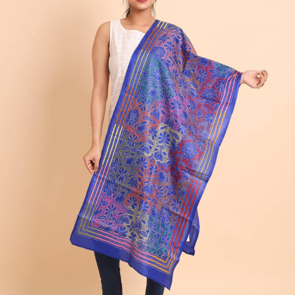 Blue Floral Pure Silk Reverse Kantha Stole