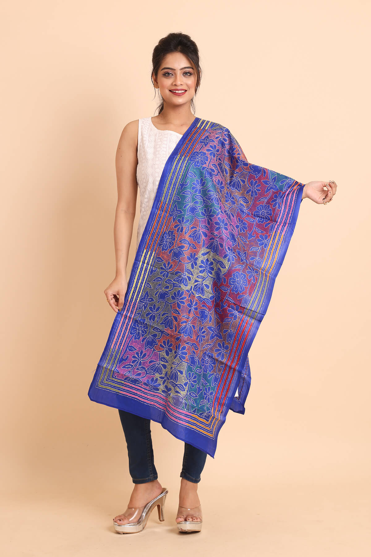ST7-1.jpg Blue Floral Pure Silk Reverse Kantha Stole - Image 1