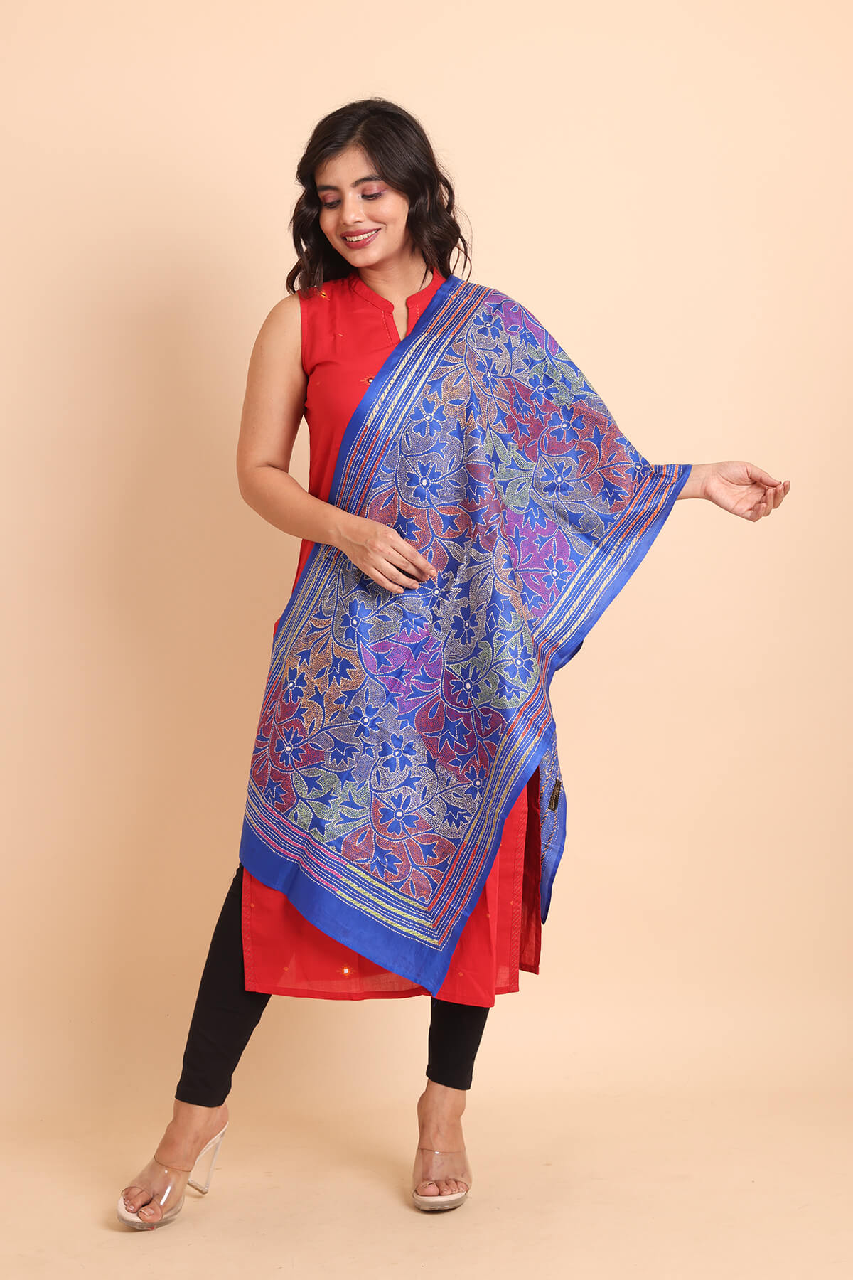 ST8-1.jpg Blue Pure Silk Reverse Kantha Stole - Image 1